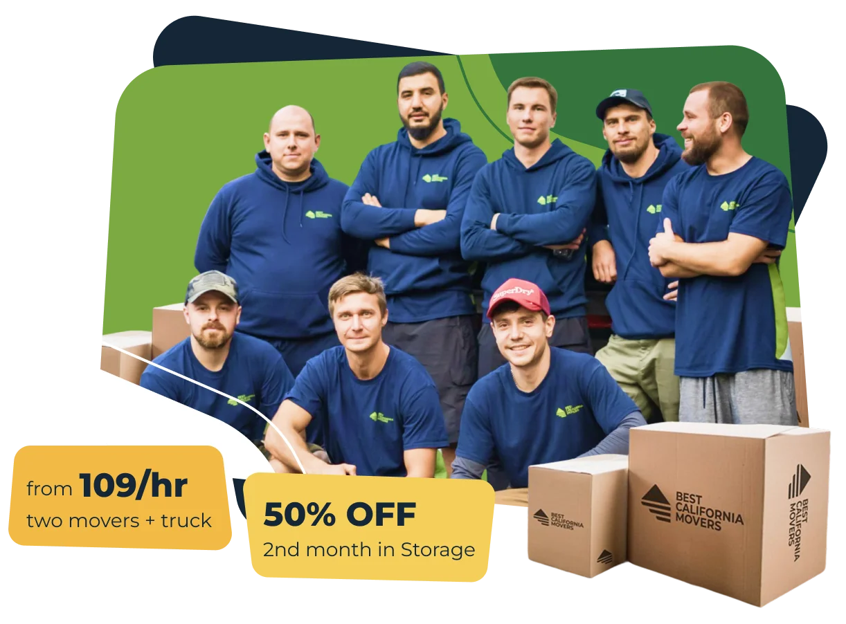 Best California Movers crew. From $109/hr for two movers and a truck, 50% off the 2nd month in storage