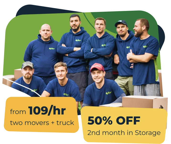 Best California Movers crew. From $109/hr for two movers and a truck, 50% off the 2nd month in storage