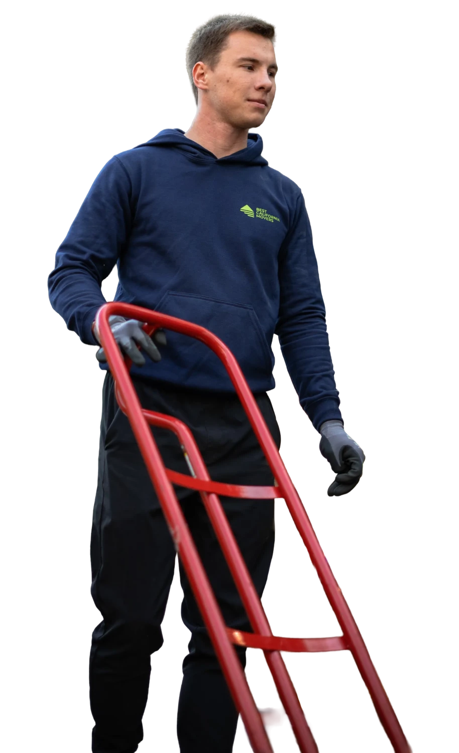 Best California Movers crew member in a company hoodie standing with a red hand truck