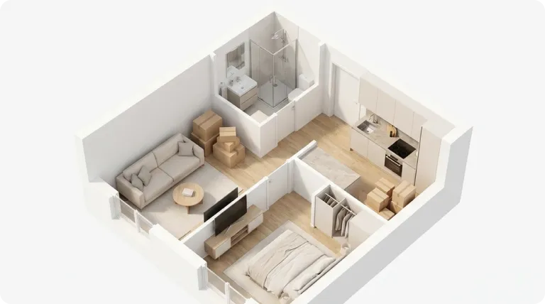 Cutaway floor plan of a one-bedroom home
