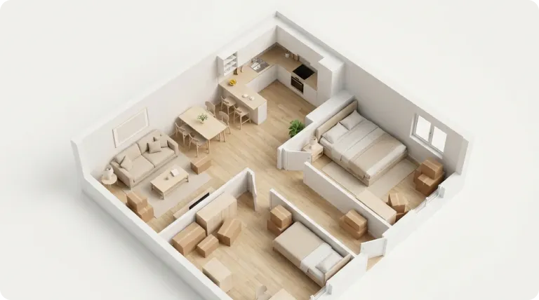 Cutaway floor plan of a two-bedroom home