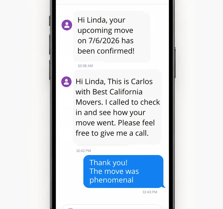 Text thread where the foreman confirms the move date and checks in afterwards