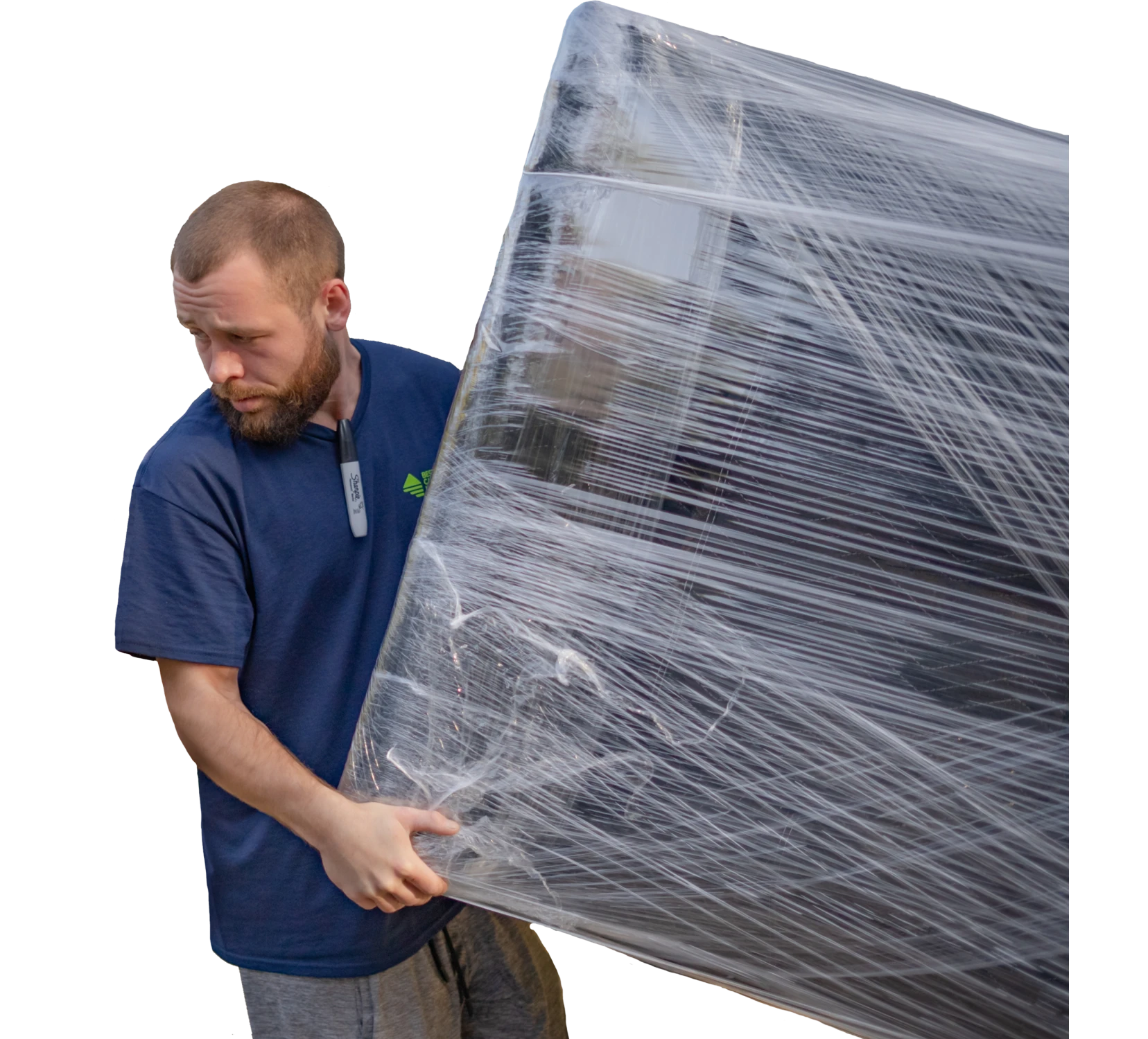 Best California Movers crew member carrying a large shrink-wrapped glass panel