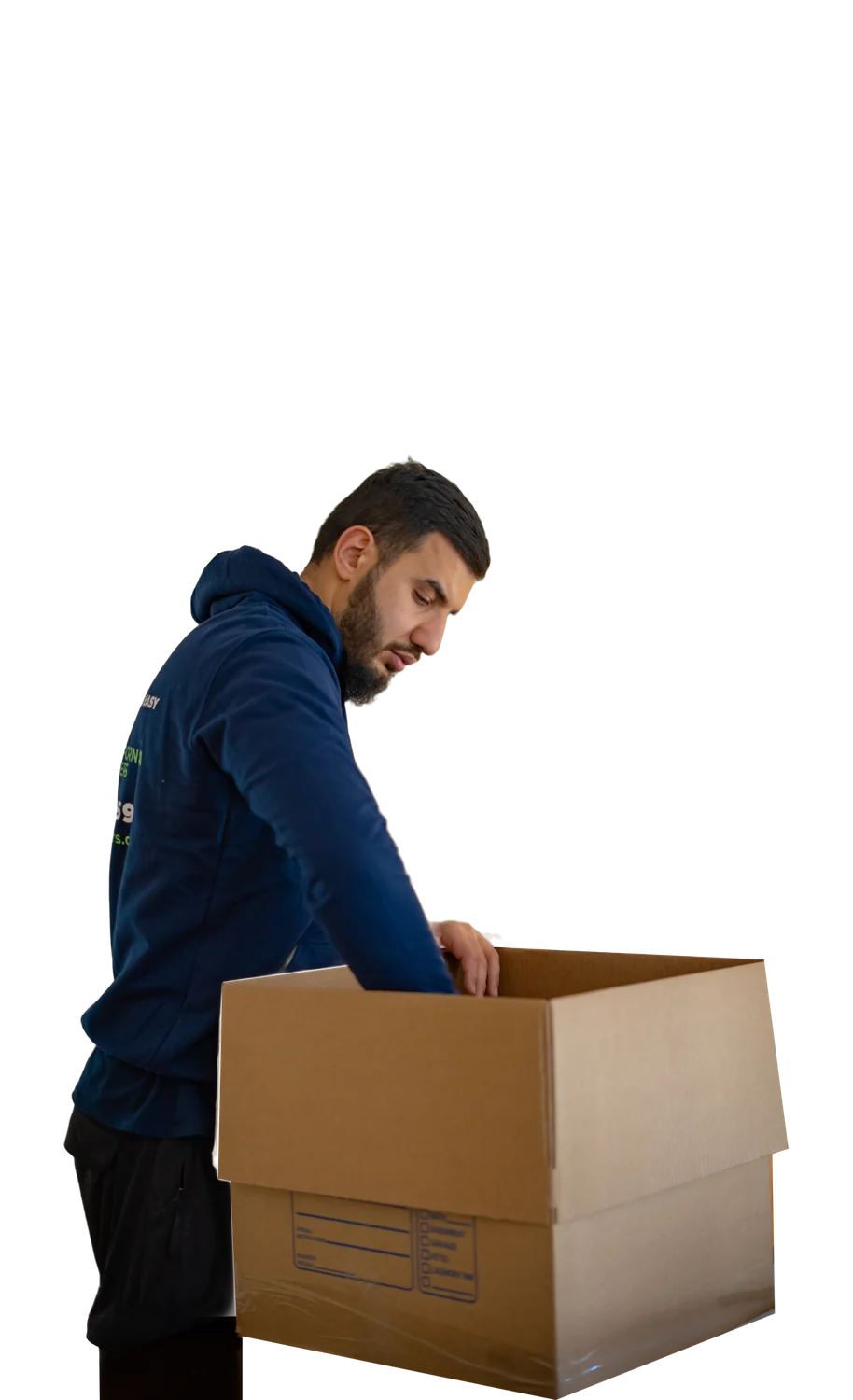 Best California Movers mover in a navy hoodie unpacking a large cardboard moving box