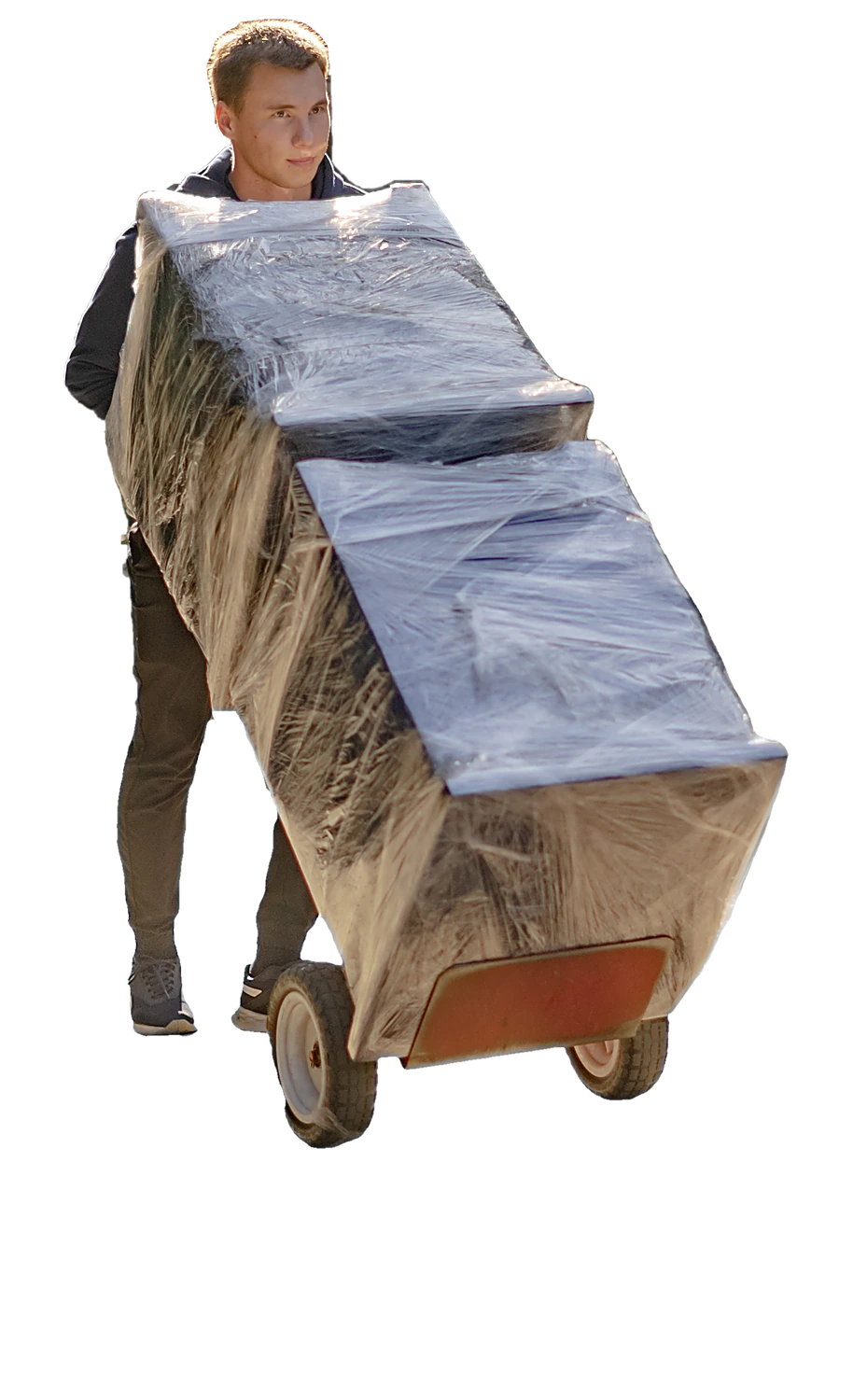 Best California Movers mover wheeling stretch-wrapped furniture on a hand truck