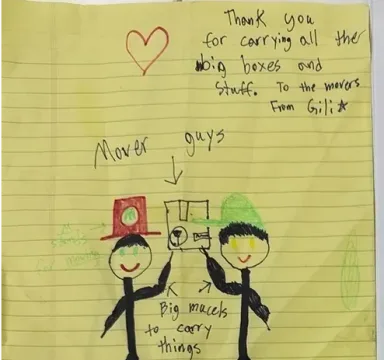 Handwritten thank-you note from a customer after the move